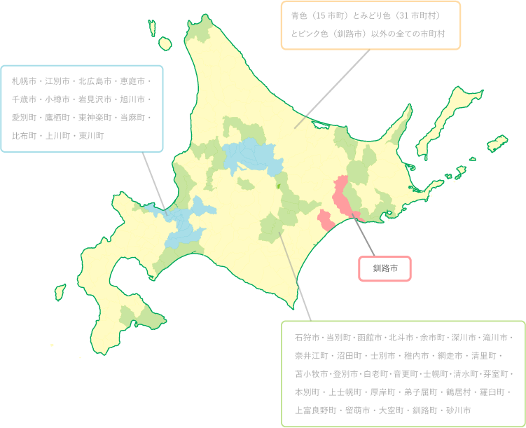 北海道地図。支援内容は青、緑、黄色、ピンクの地域で変わります